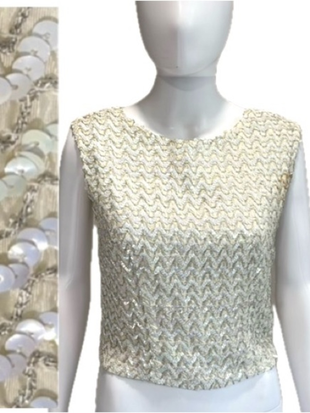 Vintage 60s Alice of California Sequin Beaded Tank Size Small Zip Back Off White